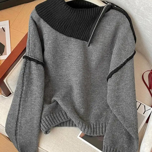 Load image into Gallery viewer, Korean Fashion Autumn Winter Grey Patchwork Elegant Long Sleeves Knit Sweater Women's Half Zipper Pullover Short Tops Streetwear
