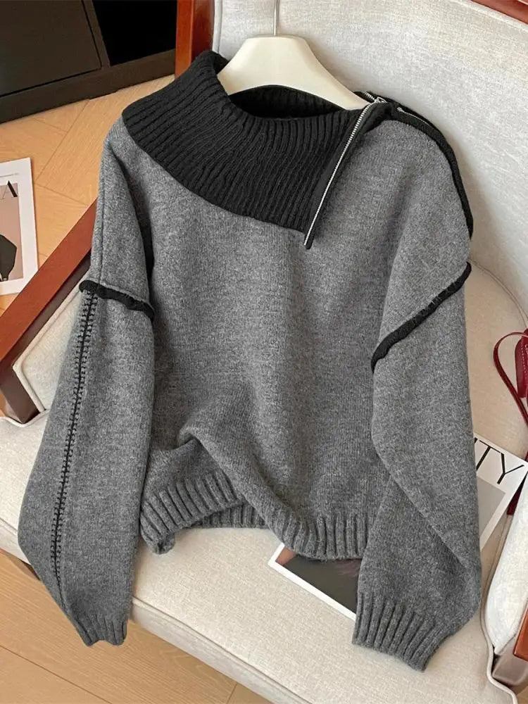 Korean Fashion Autumn Winter Grey Patchwork Elegant Long Sleeves Knit Sweater Women's Half Zipper Pullover Short Tops Streetwear