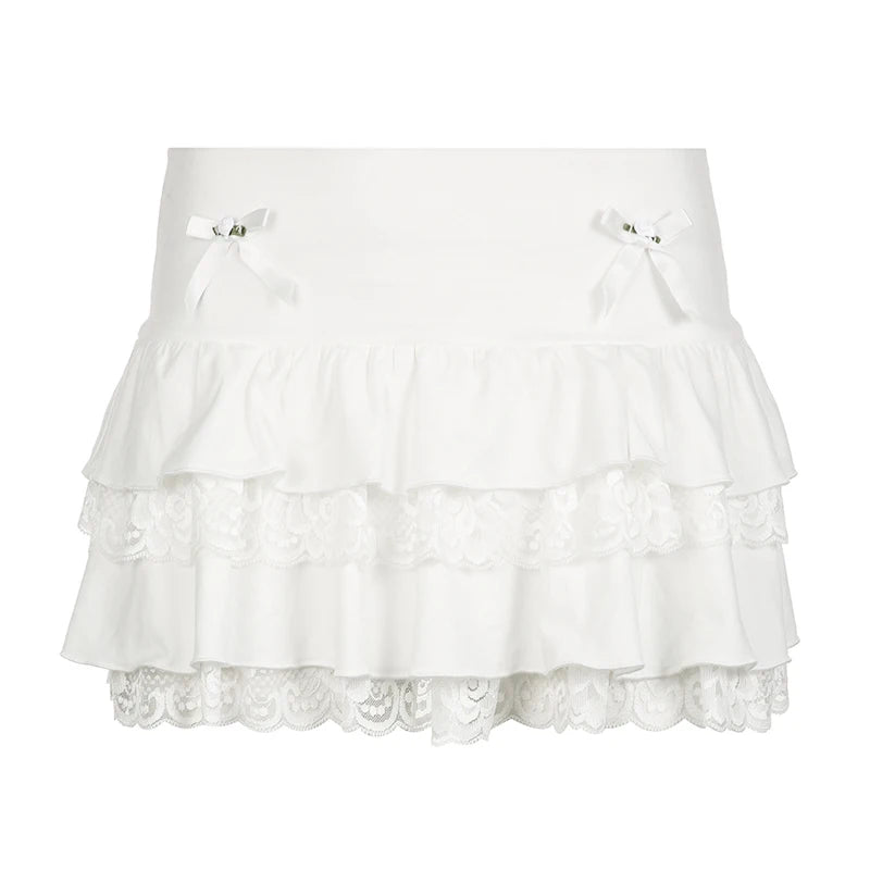 Sweet White Summer Mini Skirt Female Cute Coquette Lace Trim Folds Bow Korean Fashion Hottie Y2K Skirt Tierred A-Line