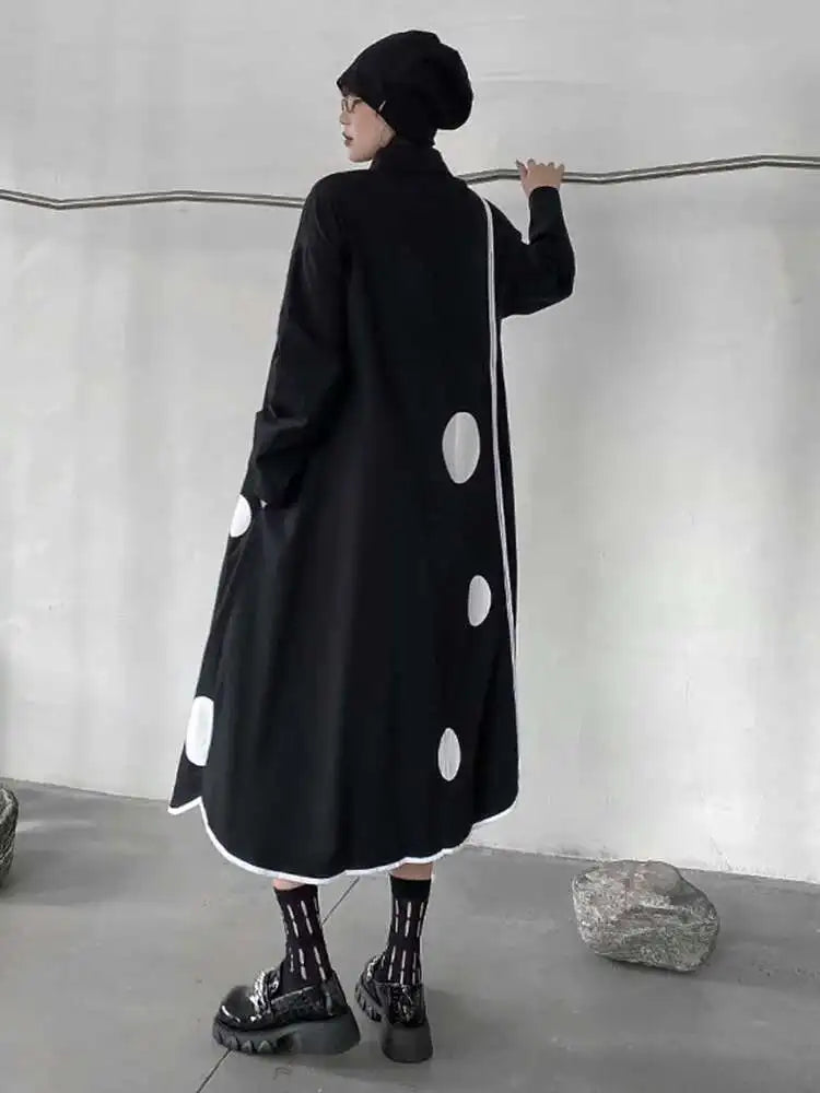 Women Black Dot Printed Long Big Size Shirt Dress New Lapel Long Sleeve Loose Fit Fashion Tide Spring Autumn 2025 1DF1508