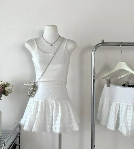 White Elegant High Waist Lace Mini Cake Skirt For Women Girl Kawaii Fairy Short Skirt Spring Summer Korean Fashion Clothing Chic