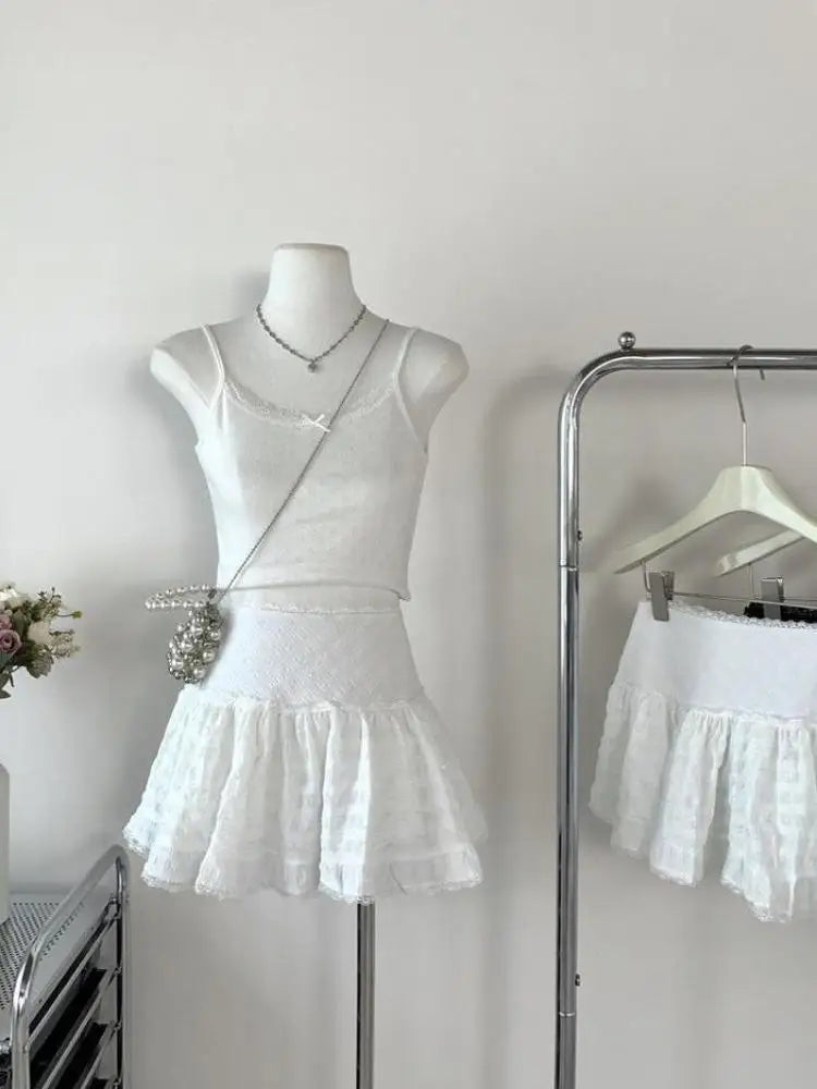 White Elegant High Waist Lace Mini Cake Skirt For Women Girl Kawaii Fairy Short Skirt Spring Summer Korean Fashion Clothing Chic