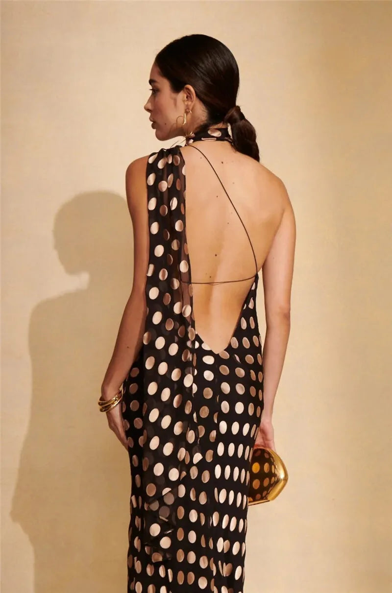 Round Plaid Printed Maxi Dress For Women Gown Halter Off-shoulder Sleeveless Backless Evening Club Long Dress Elegant