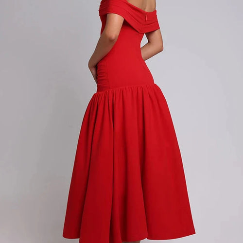 Load image into Gallery viewer, Solid Slimming Temperament Dresses For Women Slash Neck Short Sleeve High Waist Temperament Dress Female Fashion
