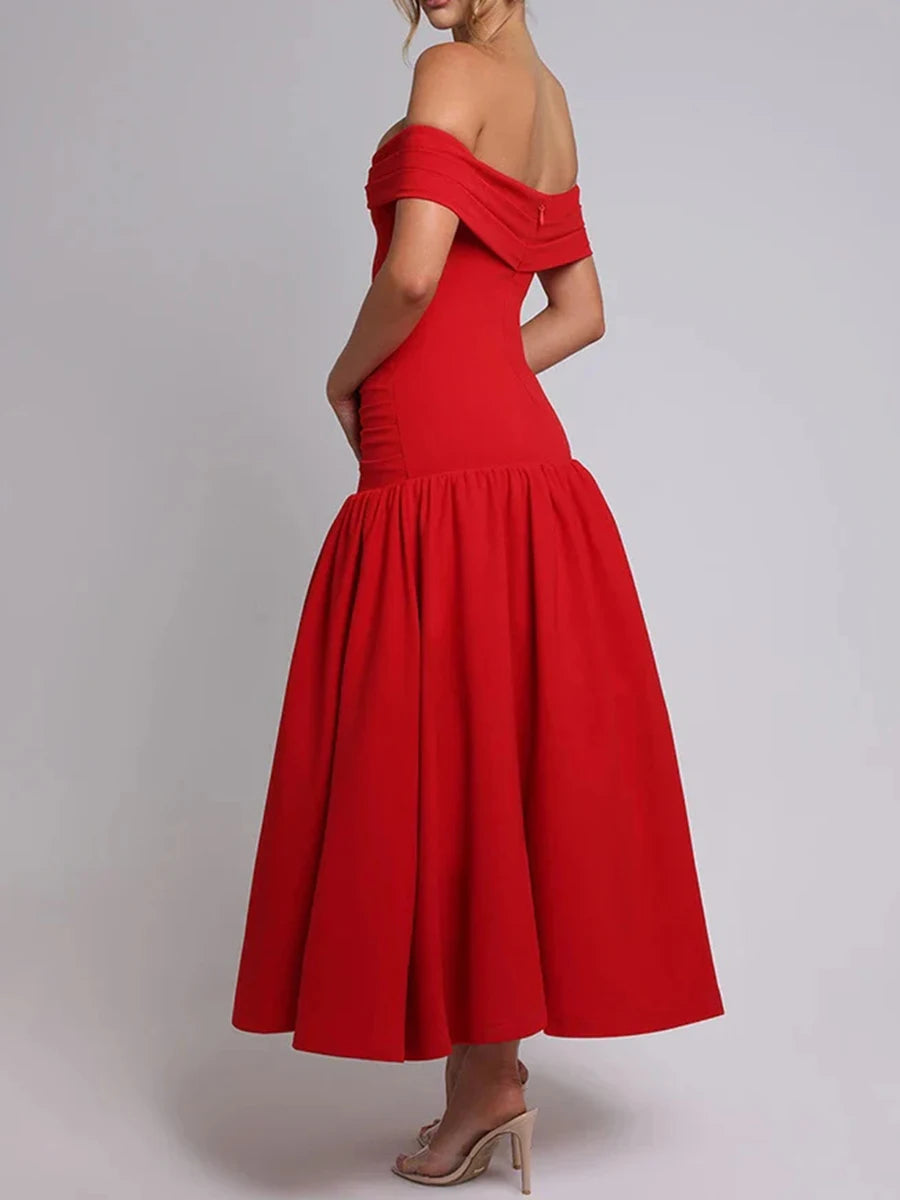 Solid Slimming Temperament Dresses For Women Slash Neck Short Sleeve High Waist Temperament Dress Female Fashion
