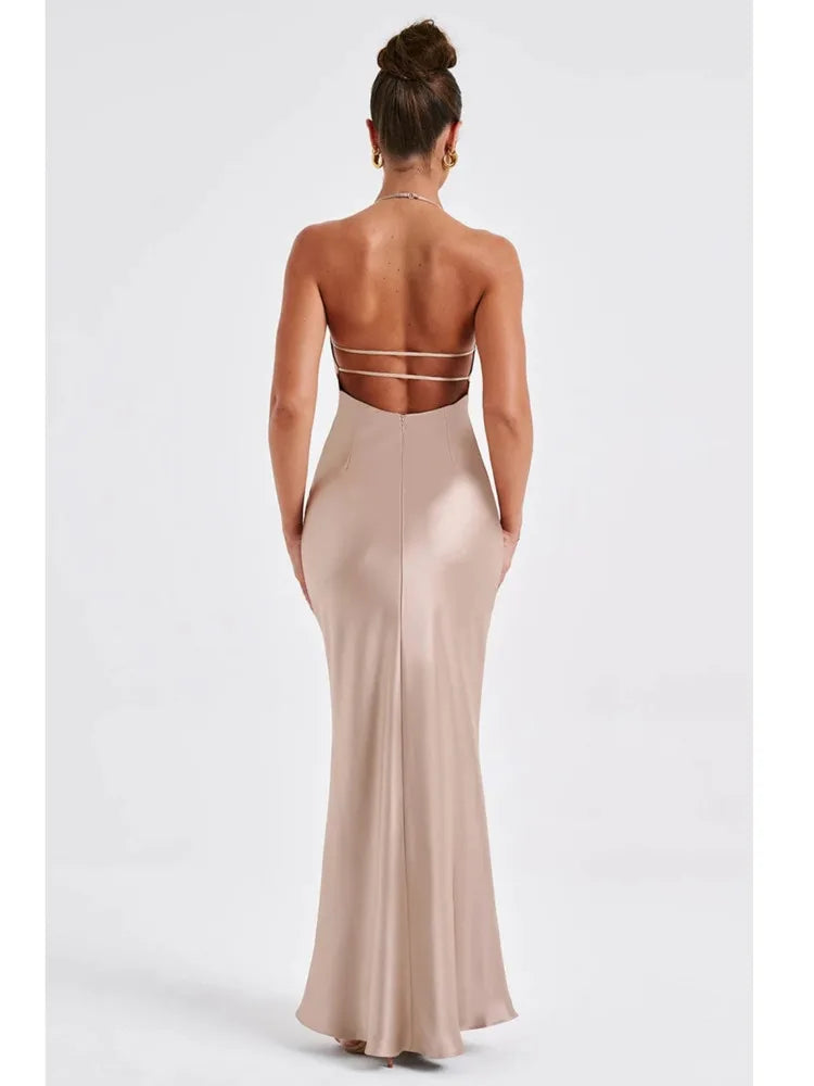 Sexy Sleeveless Backless Slim Fitting Dress For Women Elegant Party Evening Long Dress Satin Temperament Female Vestidos