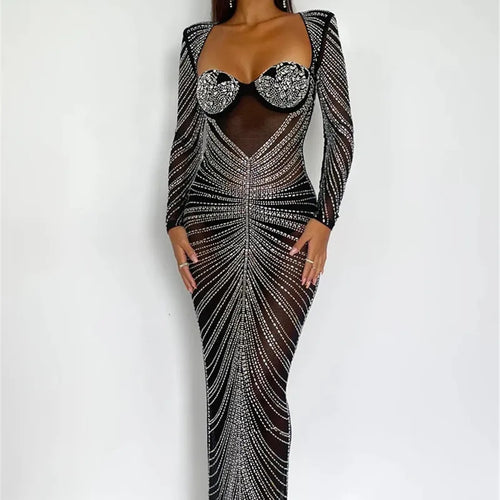 Load image into Gallery viewer, Glitter Mesh See Through Party Maxi Dress For Women Fashion Full Sleeve Bodycon Sexy Club Long Evening Dress Vestido
