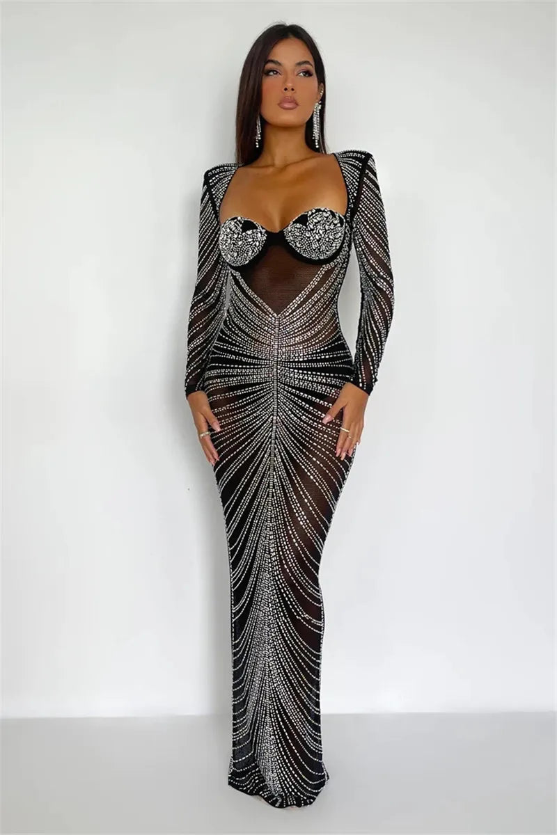 Glitter Mesh See Through Party Maxi Dress For Women Fashion Full Sleeve Bodycon Sexy Club Long Evening Dress Vestido