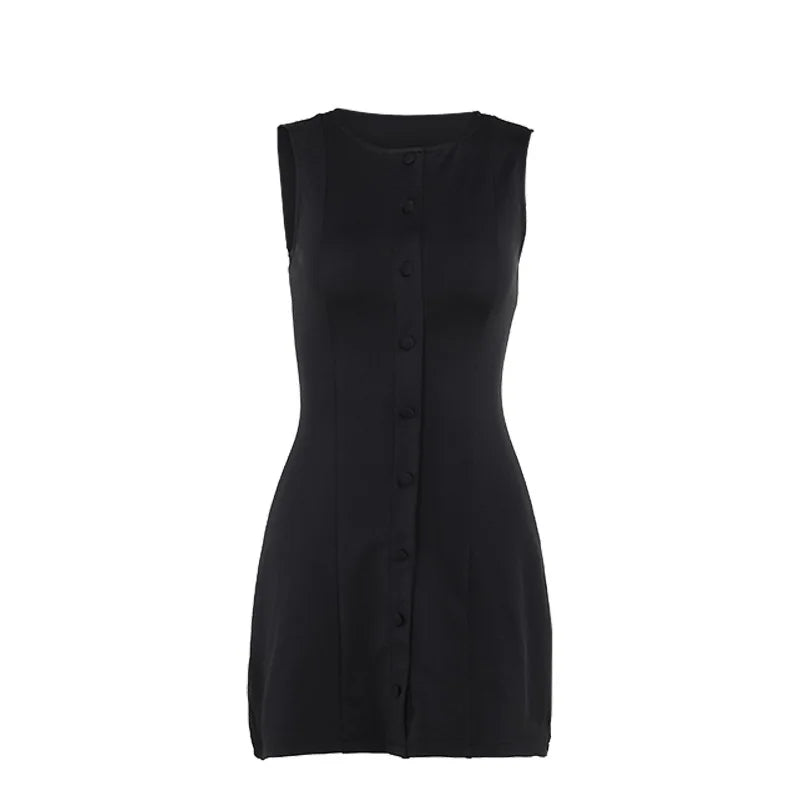 Fashion Sleeveless Sexy Mini Dress For Women New O Neck Single-btrasted Bodycon Club Party Tank Dress Femme Clothes
