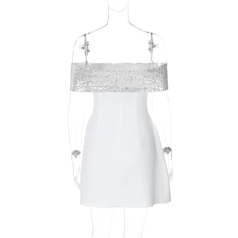 Off-shoulder Sequins Strapless Sexy Mini Dress Women Fashion Sleeveless Backless Sparkle High Waist Club Sexy Dress