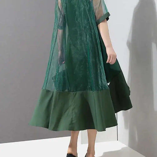 Load image into Gallery viewer, Women Green Organza Irregular Shirt Dress New Stand Collar Half Sleeve Loose Fit Fashion Tide Spring Summer 2025 JT581
