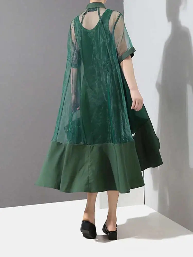 Women Green Organza Irregular Shirt Dress New Stand Collar Half Sleeve Loose Fit Fashion Tide Spring Summer 2025 JT581