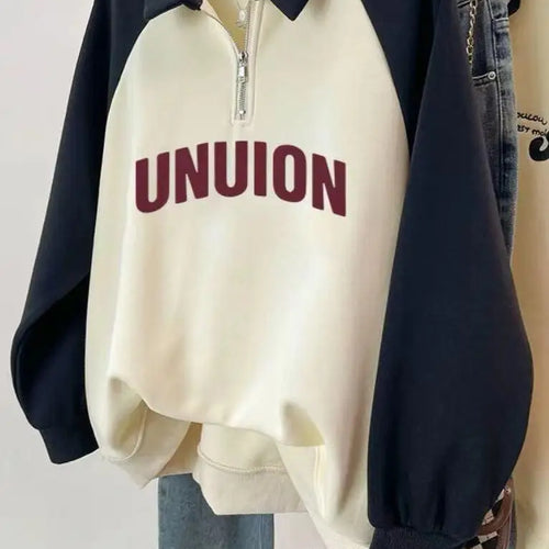 Load image into Gallery viewer, Korean Version 2024 Autumn Winter Beige Patchwork Letter Print Zipper Sweatshirt Women Long Sleeve Festival Slim Pullover Tops
