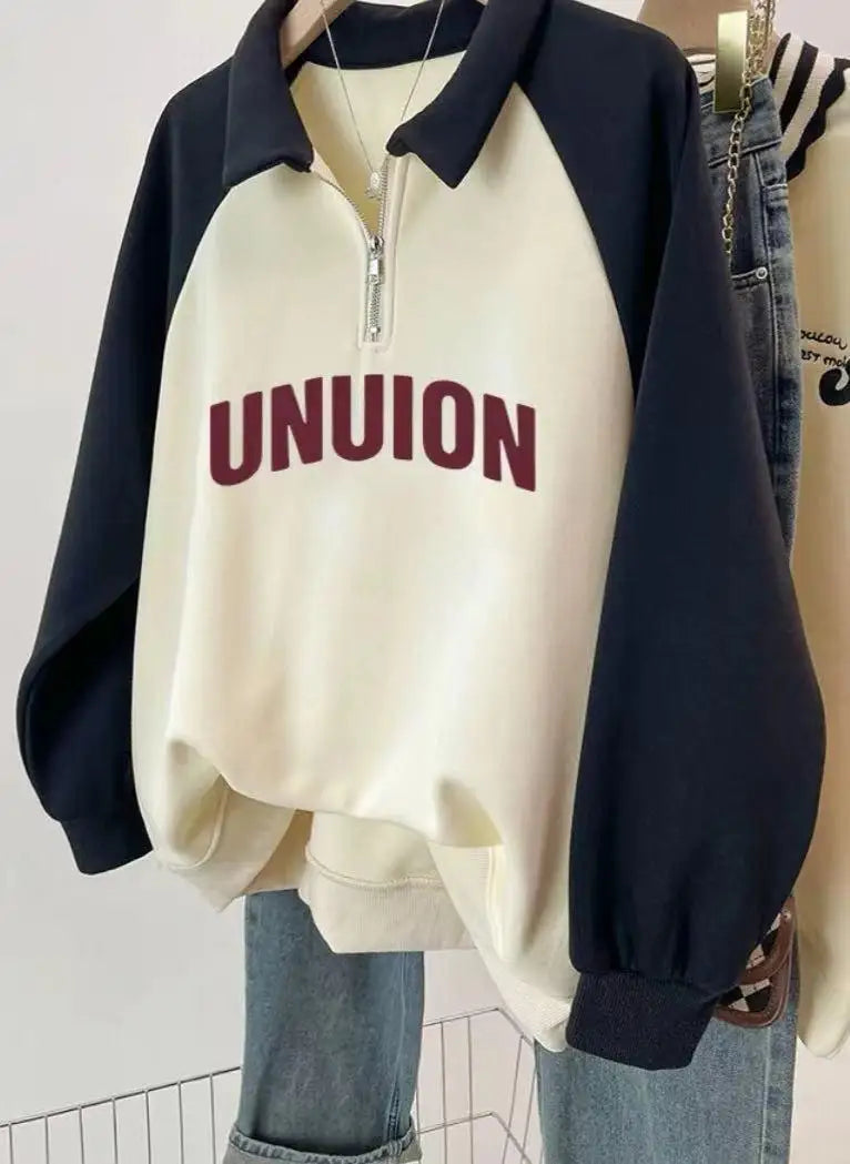 Korean Version 2024 Autumn Winter Beige Patchwork Letter Print Zipper Sweatshirt Women Long Sleeve Festival Slim Pullover Tops