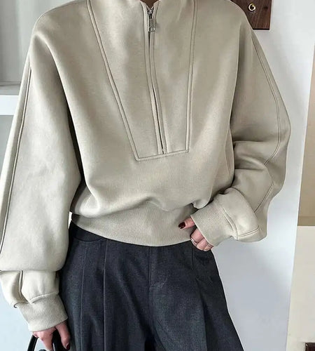 Gray Green Shaped Elegant Sweatshirt New Stand Collar Long Sleeve Women Big Size Fashion Tide Spring Autumn 2025 1DH6660