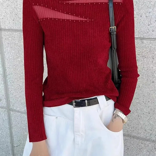 Load image into Gallery viewer, Autumn and Winter Slim-Fit Mesh Rhinestone Sweater for Woman High-Grade Mock Neck Sweater Knitted Inner Wear Top Female C-300

