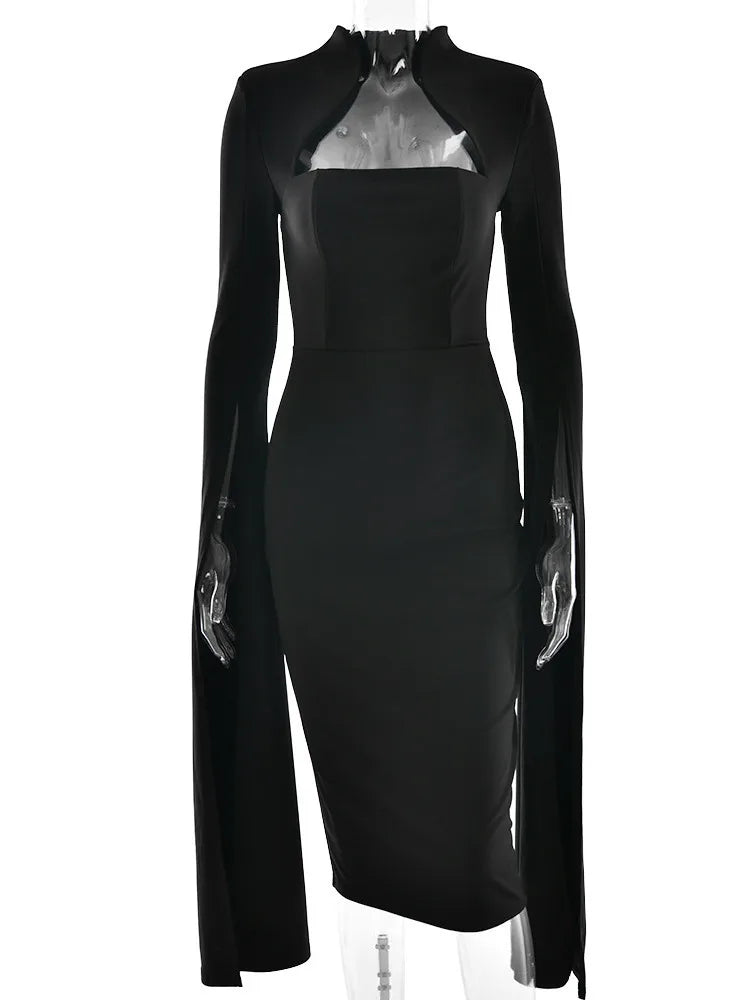 Elegant Long Sleeved Elastic Tight Dress For Women Autumn/Winter 2025 New Dress Sexy Long Slit Party Club Evening Dress