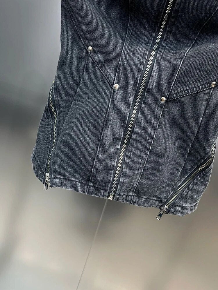 Slimming Sexy Tops For Women Strapless Sleeveless Patchwork Zipper Vintage Designer Denim Top Female Fashion