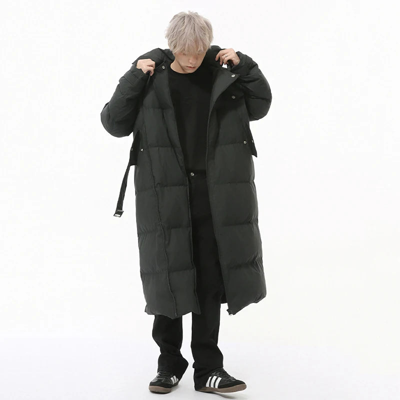 Korean Style Men's Padded Jackets Stand Collar Belt Design Solid Color Overknee Casual Male Cotton Coats New Winter 9C9220