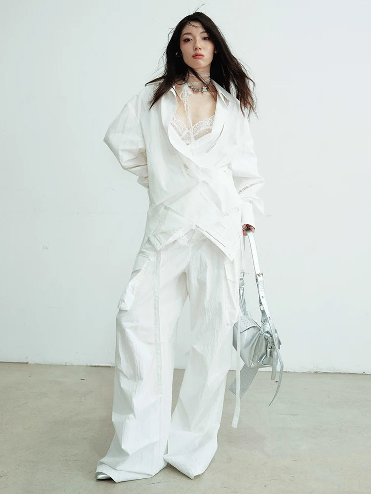 Women White Lace Hollow Out Big Size Elegant Blouse New Lapel Long Sleeve Shirt Fashion Tide Spring Autumn 2025 1DJ0688