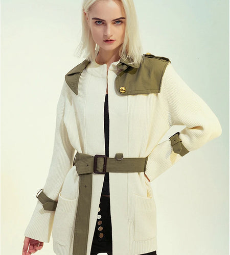 Beige Spliced Belted Knitting Cardigan Sweater Stand Collar Long Sleeve Women New Fashion Tide Spring Autumn 2025 1DH5643