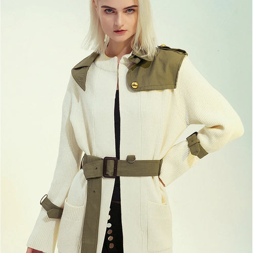 Load image into Gallery viewer, Beige Spliced Belted Knitting Cardigan Sweater Stand Collar Long Sleeve Women New Fashion Tide Spring Autumn 2025 1DH5643
