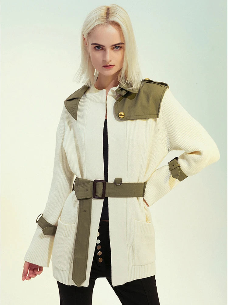 Beige Spliced Belted Knitting Cardigan Sweater Stand Collar Long Sleeve Women New Fashion Tide Spring Autumn 2025 1DH5643