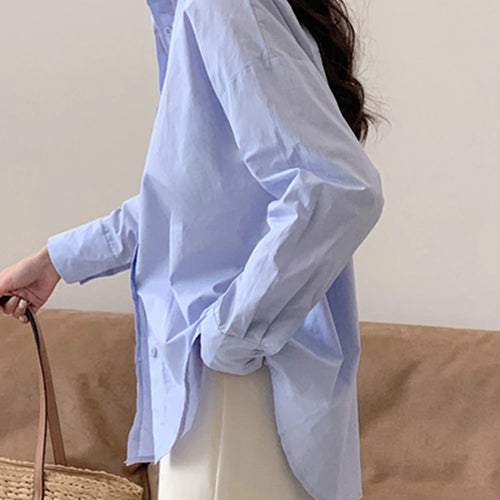 Load image into Gallery viewer, Blue Straight Loose Female Shirts Drop Sleeves Single Breasted Fashion Streetwear Solid Color Elegant Basic Women&#39;s Shirt
