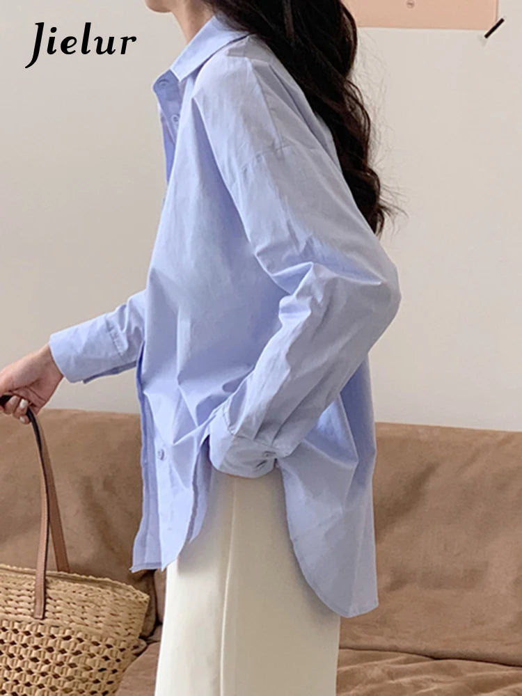 Blue Straight Loose Female Shirts Drop Sleeves Single Breasted Fashion Streetwear Solid Color Elegant Basic Women's Shirt