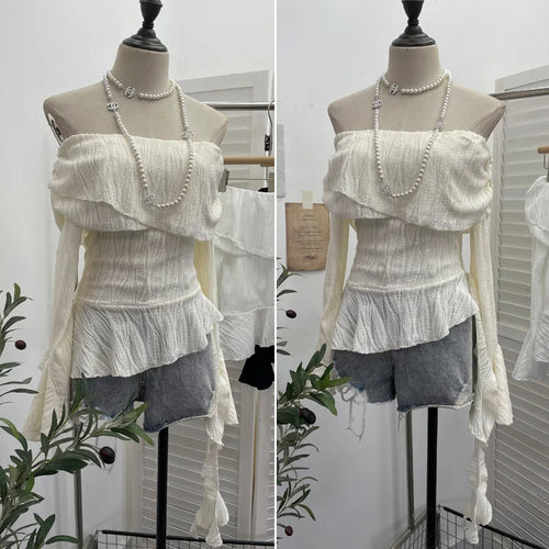 Load image into Gallery viewer, Harajuku Slash Neck Pleated Women Y2k Aesthetic Tops Y2k Aesthetic Irregular Ruffled T-shirt Grunge Sexy Flare Sleeve Fairy Tops
