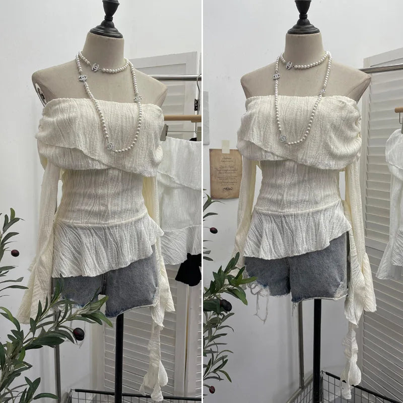 Harajuku Slash Neck Pleated Women Y2k Aesthetic Tops Y2k Aesthetic Irregular Ruffled T-shirt Grunge Sexy Flare Sleeve Fairy Tops