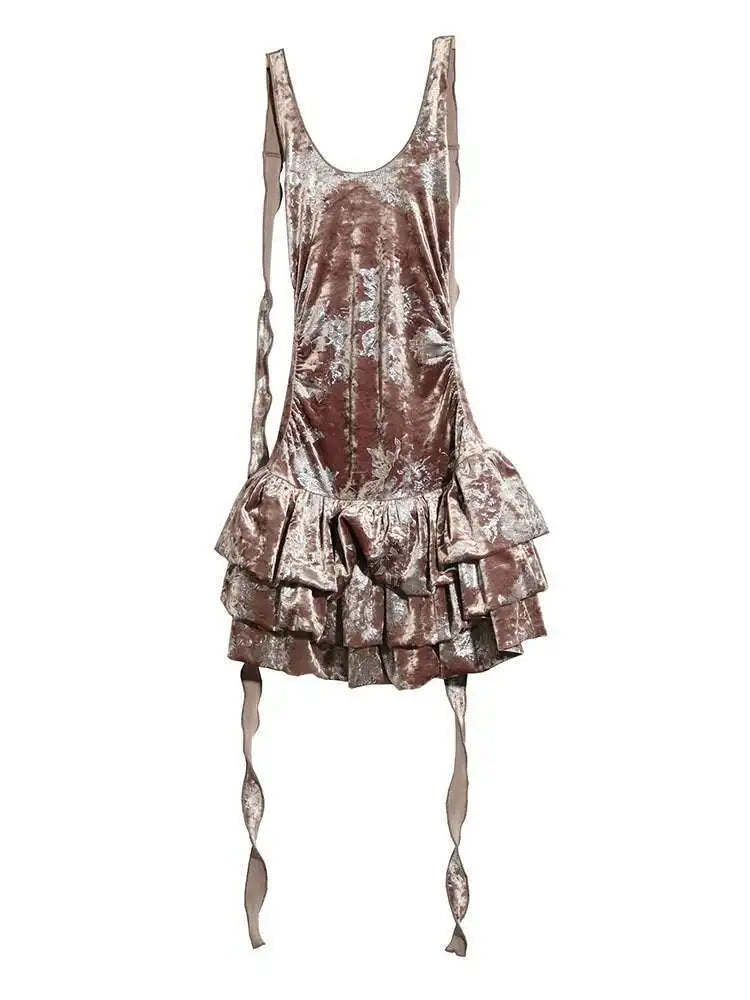 Women Apricot Silver Velvet Elegant Ruffles Mini Dress New Round Neck Sleeveless Fashion Tide Spring Autumn 20251DH8264