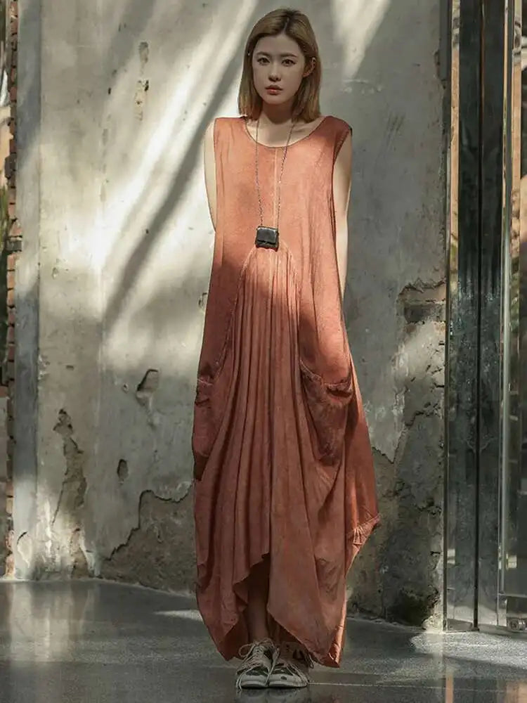 Women Orange Pleated Vintage Casual Dress New Round Neck Sleeveless Loose Fit Fashion Tide Spring Summer 2025 1DF6825