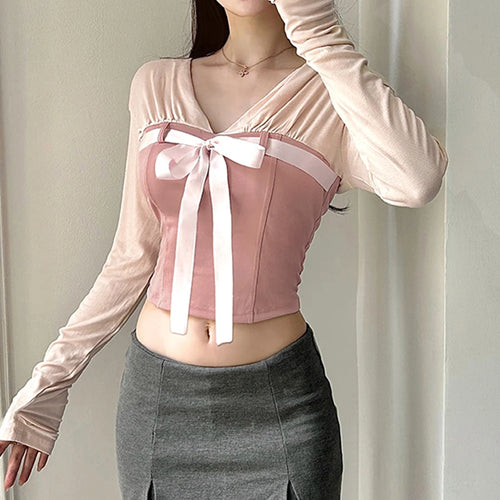 Load image into Gallery viewer, Korean Fashion Folds Patched Skinny Women T-shirts Lace-Up Bow Chic Party Contrast Color Tops Shorts Coquette Clothes
