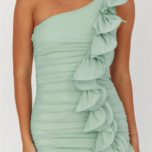 Load image into Gallery viewer, One Shoulder Draped Ruffle Maxi Dress Women Gown Fashion Diagonal Collar Backless Sleeveless Split Long Dress Elegant
