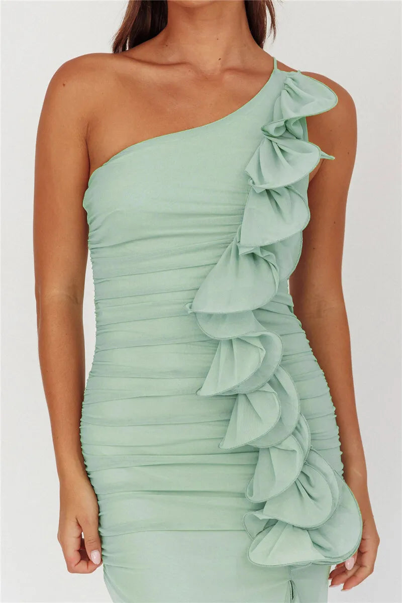 One Shoulder Draped Ruffle Maxi Dress Women Gown Fashion Diagonal Collar Backless Sleeveless Split Long Dress Elegant