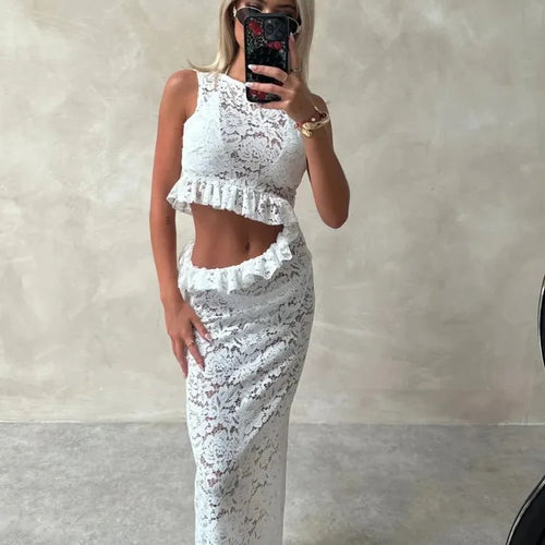 Load image into Gallery viewer, Elegant Sleeveless Lace Patchwork Hollow Out Irregular Dress Women Slim Ruffle Edge Dress Female Sexy Bodycon Party Club
