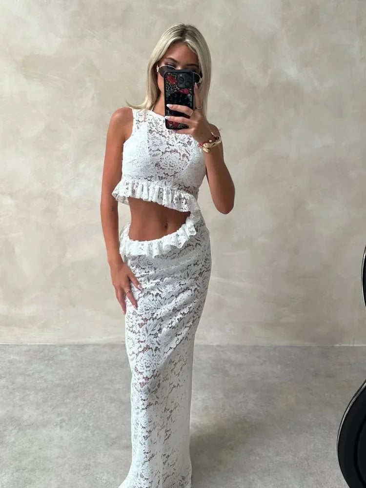 Elegant Sleeveless Lace Patchwork Hollow Out Irregular Dress Women Slim Ruffle Edge Dress Female Sexy Bodycon Party Club