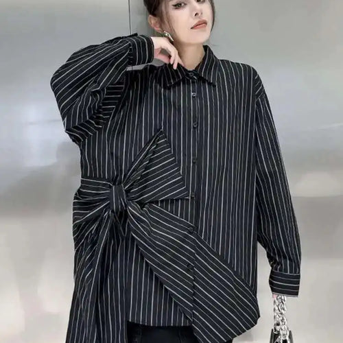 Load image into Gallery viewer, Women Black Striped Bow Irregular Big Size Blouse New Lapel Long Sleeve Shirt Fashion Tide Spring Autumn 2025 1DH5046
