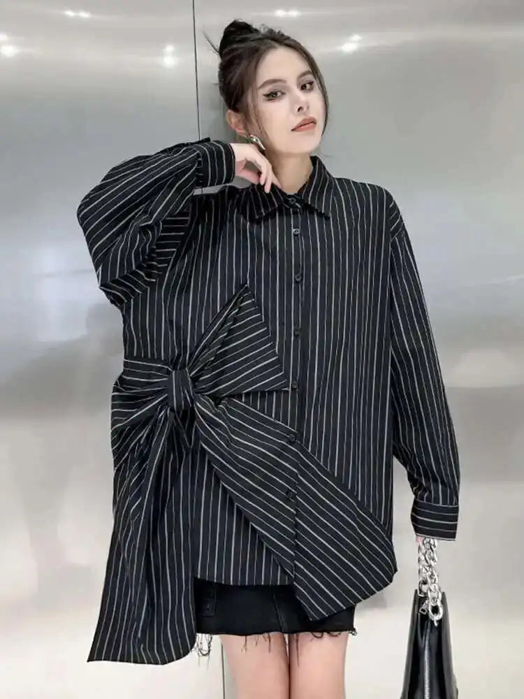 Women Black Striped Bow Irregular Big Size Blouse New Lapel Long Sleeve Shirt Fashion Tide Spring Autumn 2025 1DH5046
