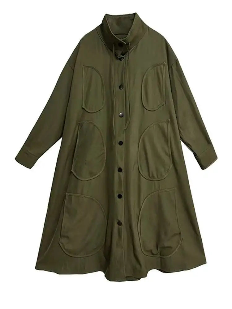 Women Army Green Patch Drawstring Big Size Midi Dress New Stand Collar Long Sleeve Fashion Tide Spring Autumn 2025 1DH9211