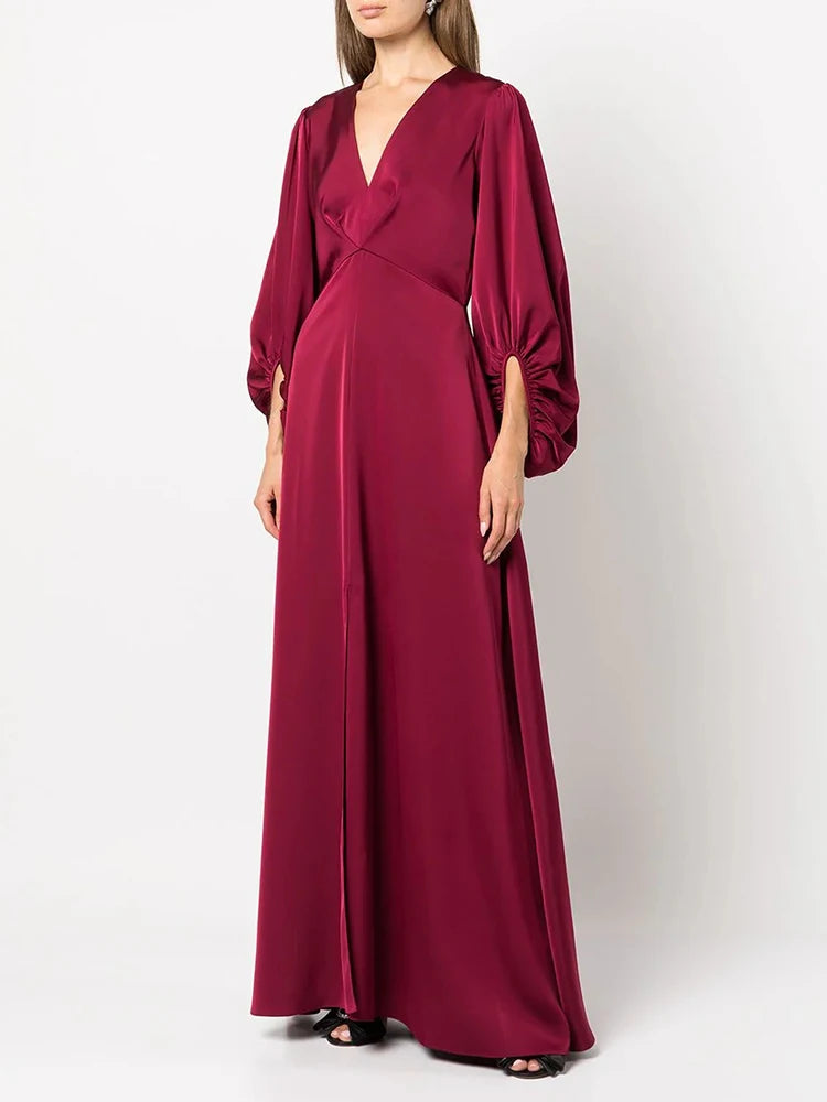 Solid Elegant Loose Dresses For Women V Neck Lantern Sleeve High Waist Spliced Zipper Temperament Dress Female Fashion New