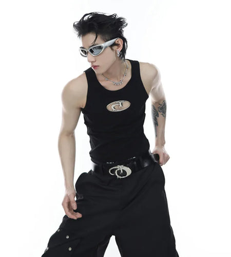 Summer Niche Design Metal Hollow Out Men's Vests Fashion Trendy Solid Color Sleeveless Tank Tops American Style 9A8385