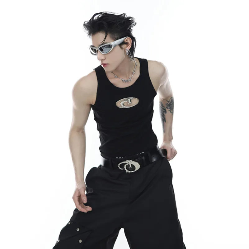 Summer Niche Design Metal Hollow Out Men's Vests Fashion Trendy Solid Color Sleeveless Tank Tops American Style 9A8385