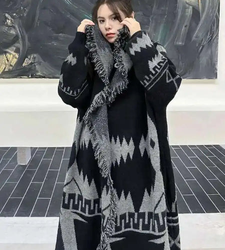 Black Big Size Knitting Long Thtick Cardigan Sweater Loose Lapel Long Sleeve Women New Fashion Spring Autumn 2025 1DH2277
