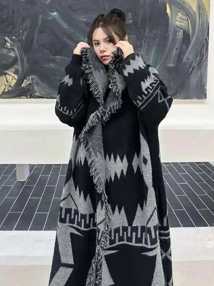 Black Big Size Knitting Long Thtick Cardigan Sweater Loose Lapel Long Sleeve Women New Fashion Spring Autumn 2025 1DH2277