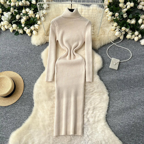 Load image into Gallery viewer, Korean Women Solid High Neck Straight Dresses Autumn Winter Slim Long Sleeve Office Knitted Dress Ladies Simplicity Popular Chic
