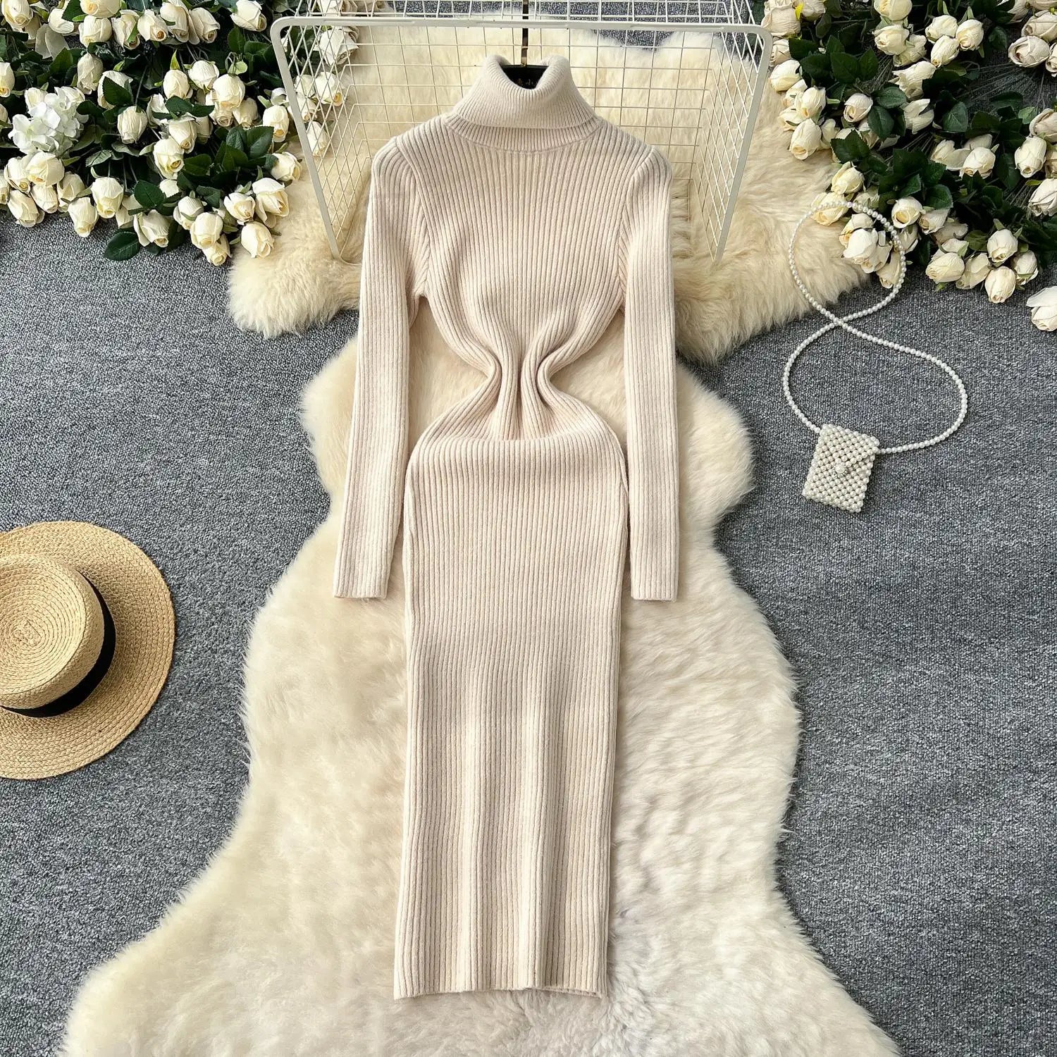 Korean Women Solid High Neck Straight Dresses Autumn Winter Slim Long Sleeve Office Knitted Dress Ladies Simplicity Popular Chic