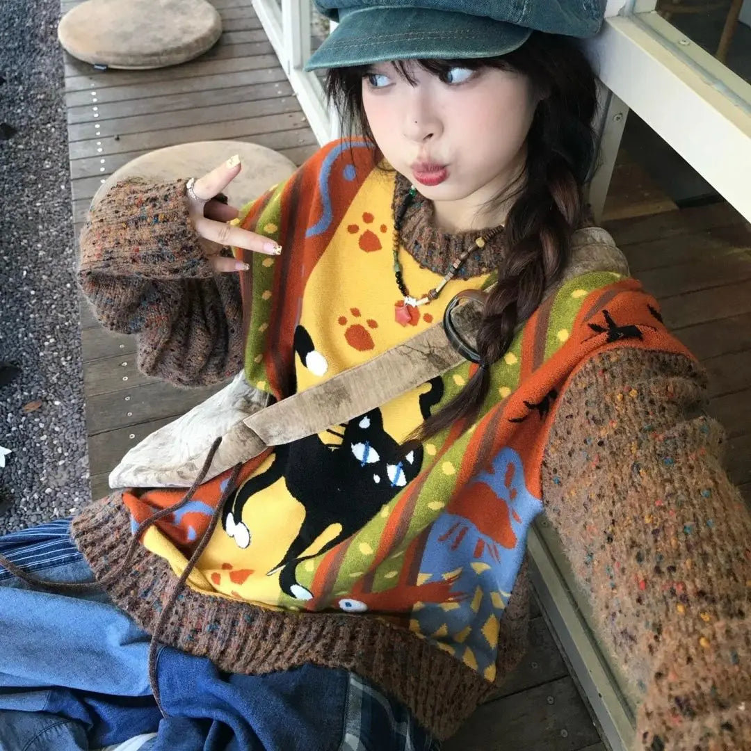 Loose Grunge Cartoon Jacquard Pullovers Y2k Aesthetic Vintage Knitted Sweaters Streetwear Patchwork Harajuku Women's Jumpers