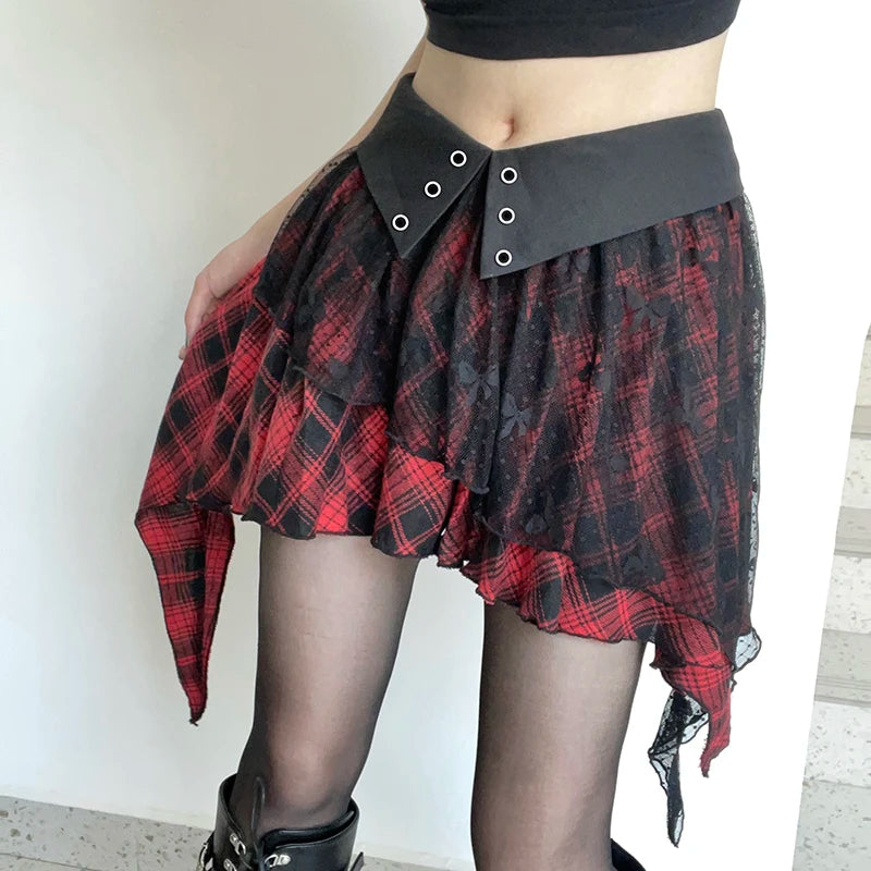 Gothic Dark Lace Patchwork Y2K Plaid Skirt Women Asymmetrical Fold Halloween Harajuku Pleated Skirt Mini Academia
